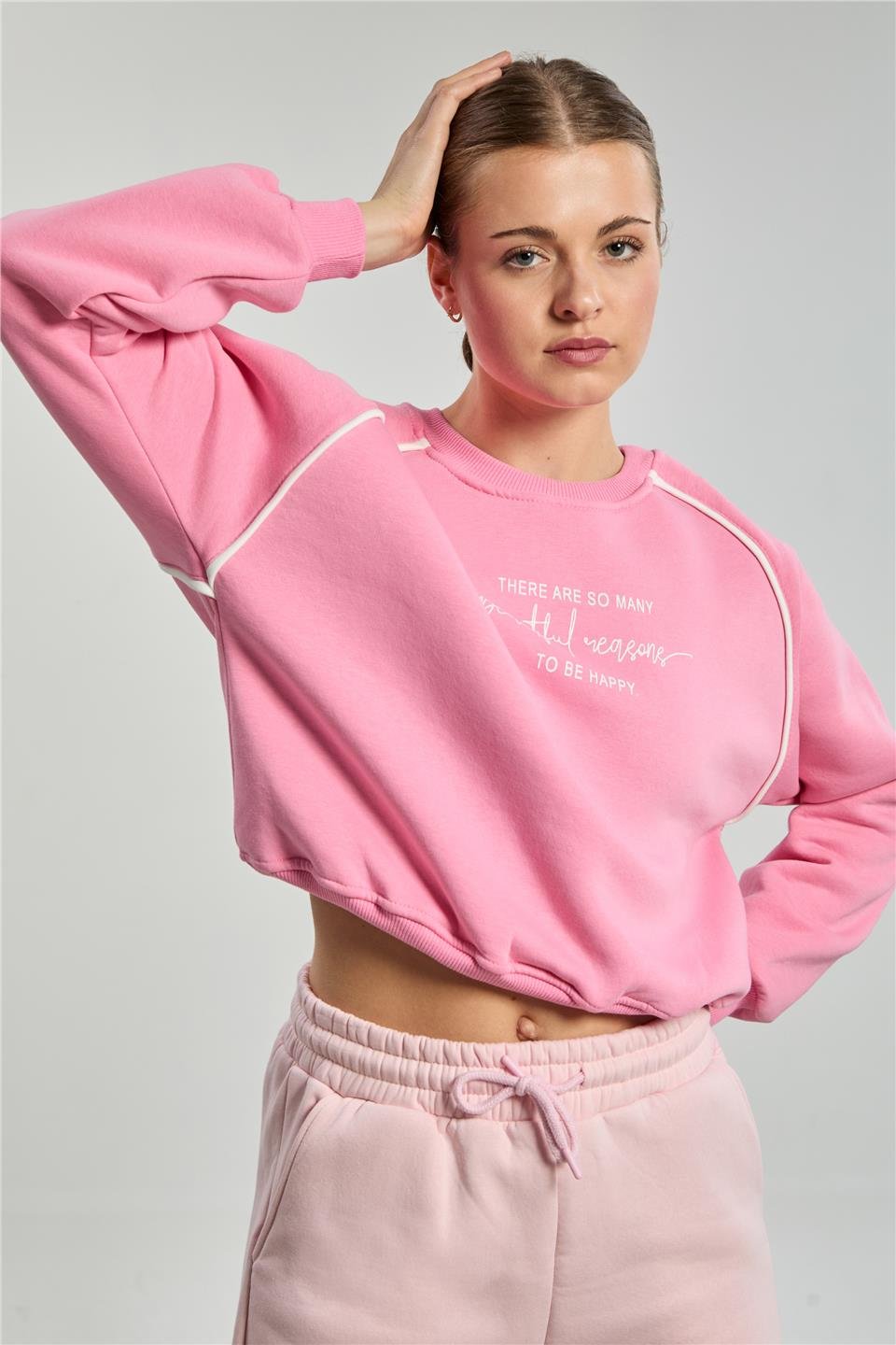 Kadın Bisiklet Yaka Kolları Biyeli Sweatshirt - Pembe