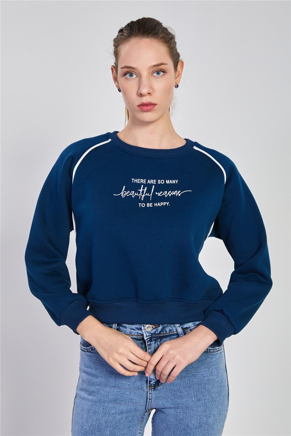 Kadın Bisiklet Yaka Kolları Biyeli Sweatshirt - Lacivert