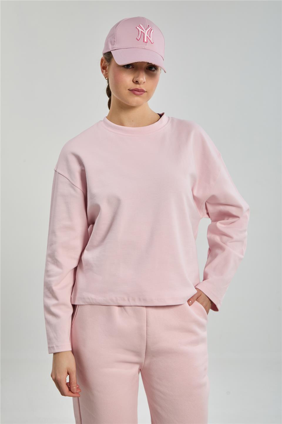 Kadın Bisiklet Yaka Oversize Sweatshirt - Toz Pembe