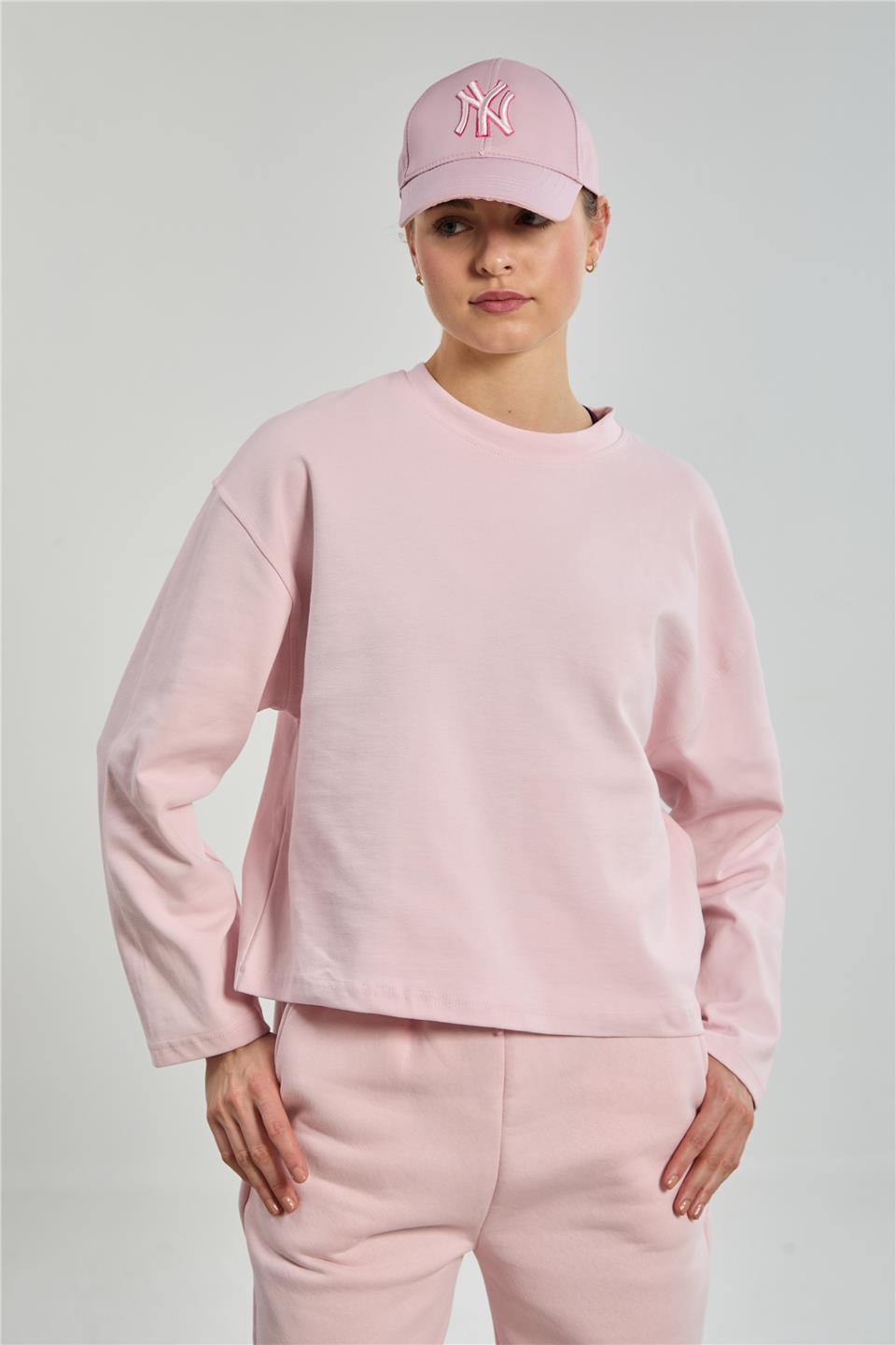 Kadın Bisiklet Yaka Oversize Sweatshirt - Toz Pembe