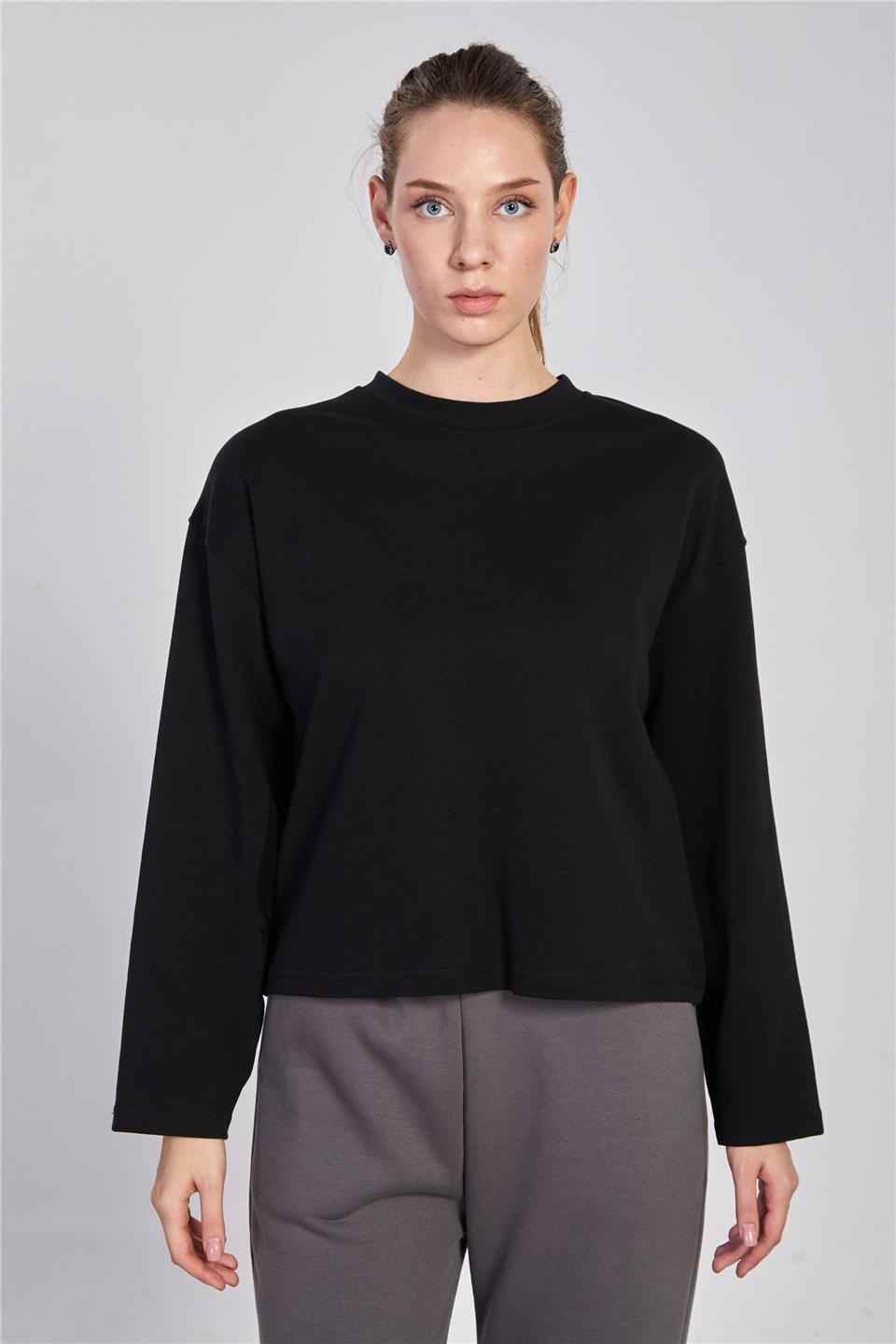 Kadın Bisiklet Yaka Oversize Sweatshirt - Siyah