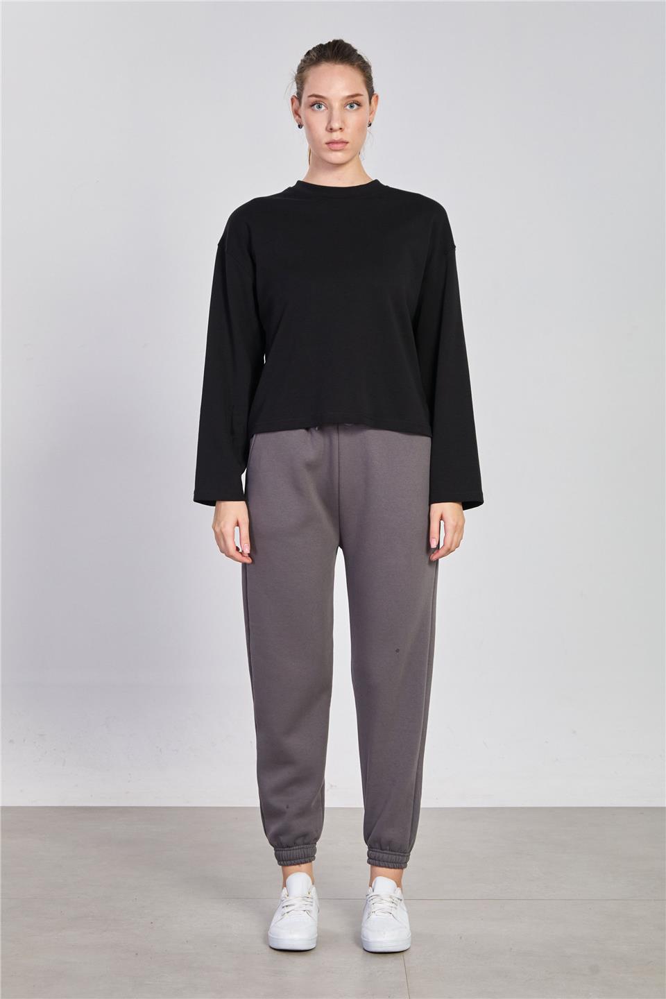 Kadın Bisiklet Yaka Oversize Sweatshirt - Siyah