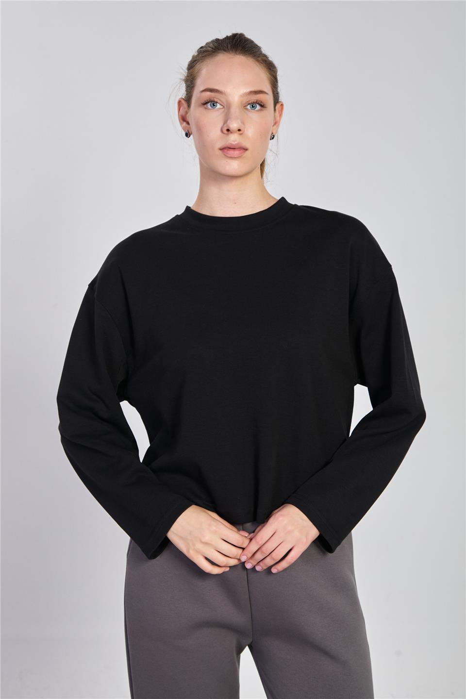 Kadın Bisiklet Yaka Oversize Sweatshirt - Siyah