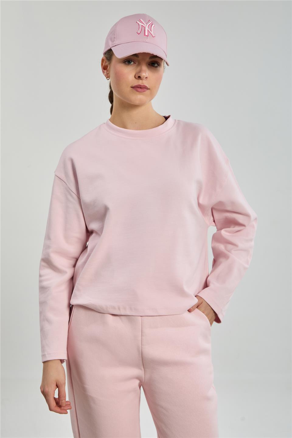 Kadın Bisiklet Yaka Oversize Sweatshirt - Toz Pembe