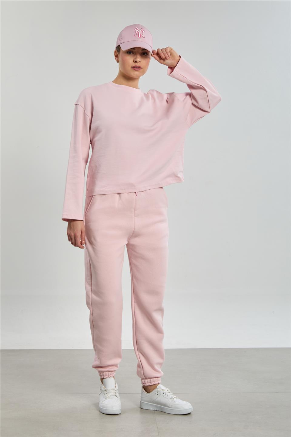 Kadın Bisiklet Yaka Oversize Sweatshirt - Toz Pembe