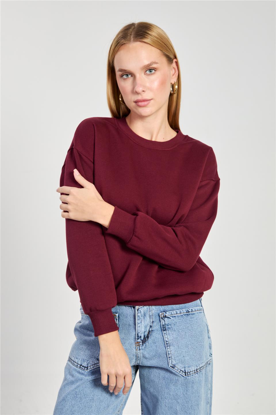 Kadın Bisiklet Yaka Oversize Sweatshirt - Mürdüm