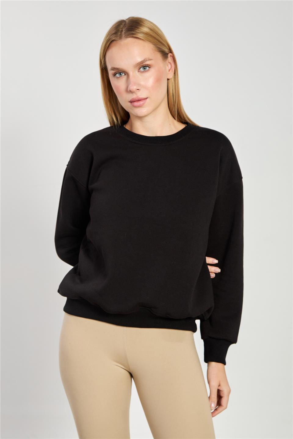 Kadın Bisiklet Yaka Oversize Sweatshirt - Siyah