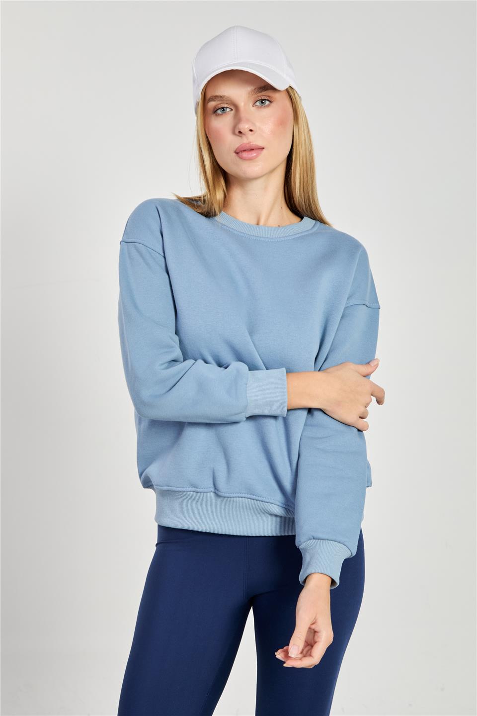Kadın Bisiklet Yaka Oversize Sweatshirt - Mavi