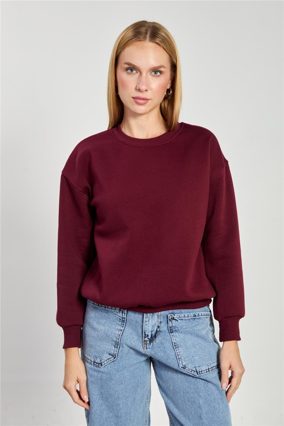 Kadın Bisiklet Yaka Oversize Sweatshirt - Mürdüm
