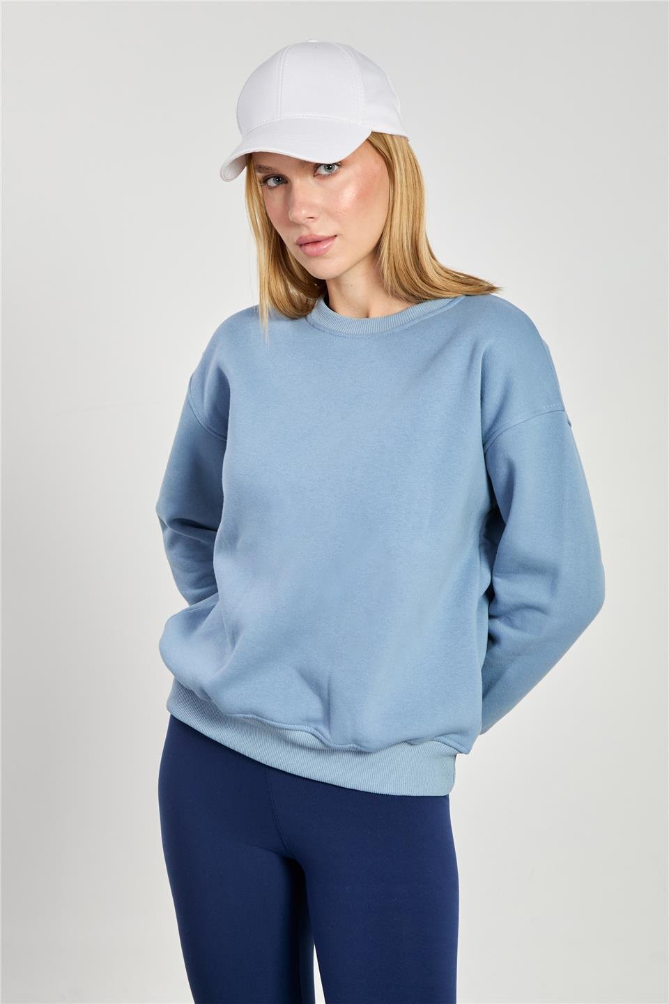 Kadın Bisiklet Yaka Oversize Sweatshirt - Mavi