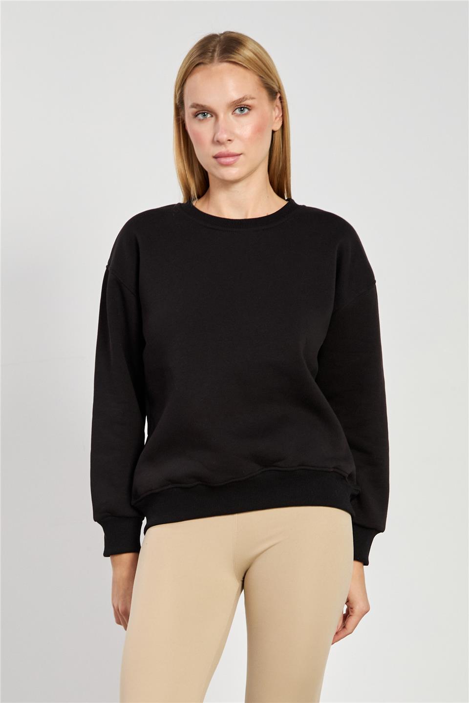 Kadın Bisiklet Yaka Oversize Sweatshirt - Siyah