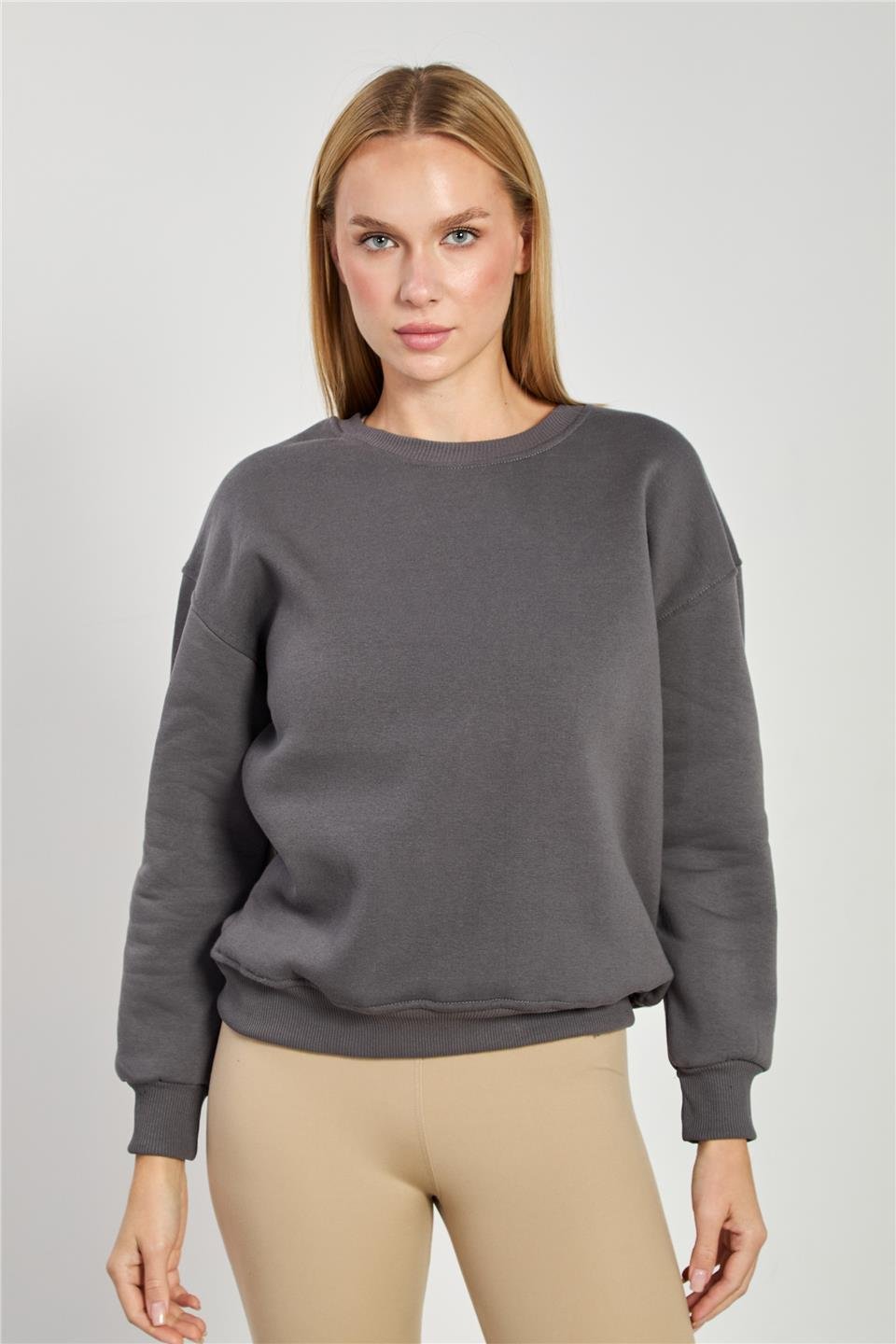 Kadın Bisiklet Yaka Oversize Sweatshirt - Antrasit