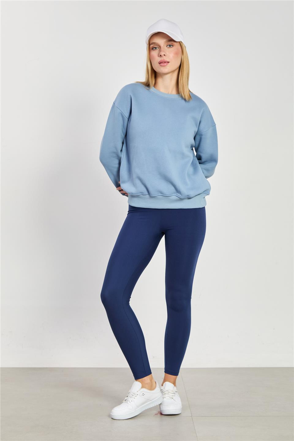 Kadın Bisiklet Yaka Oversize Sweatshirt - Mavi