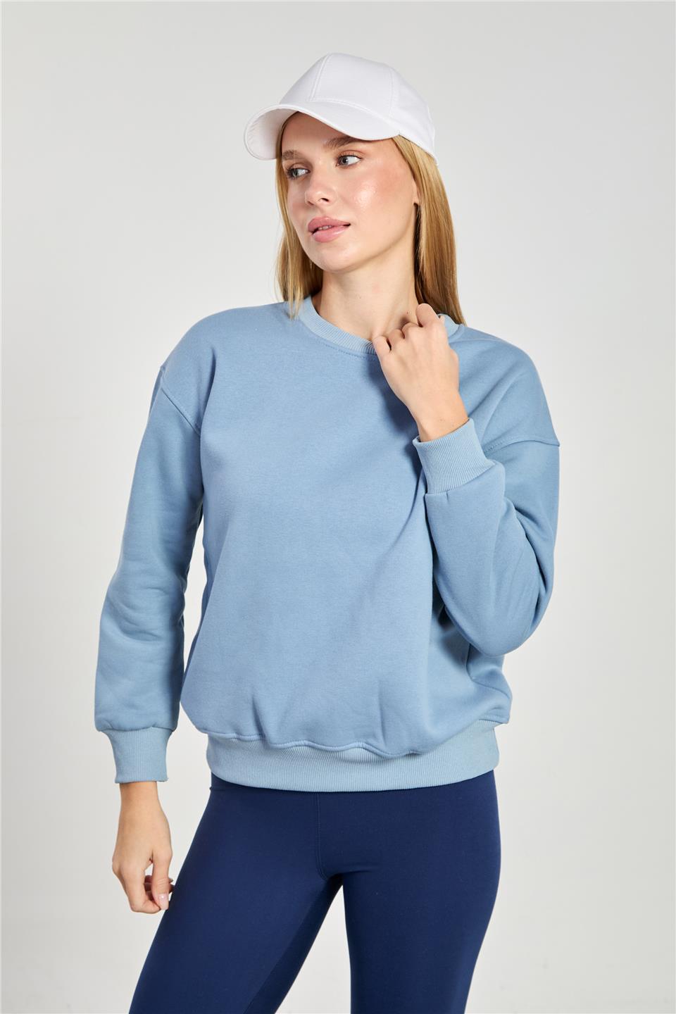 Kadın Bisiklet Yaka Oversize Sweatshirt - Mavi