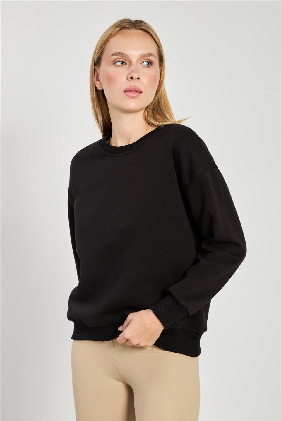 Kadın Bisiklet Yaka Oversize Sweatshirt - Siyah