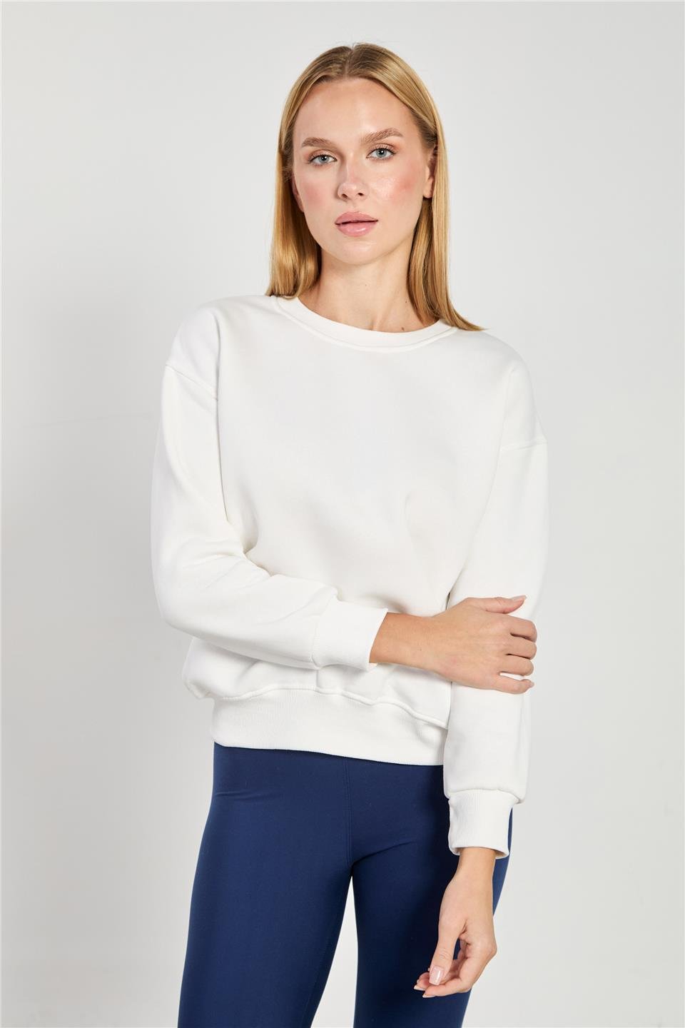 Kadın Bisiklet Yaka Oversize Sweatshirt - Ekru