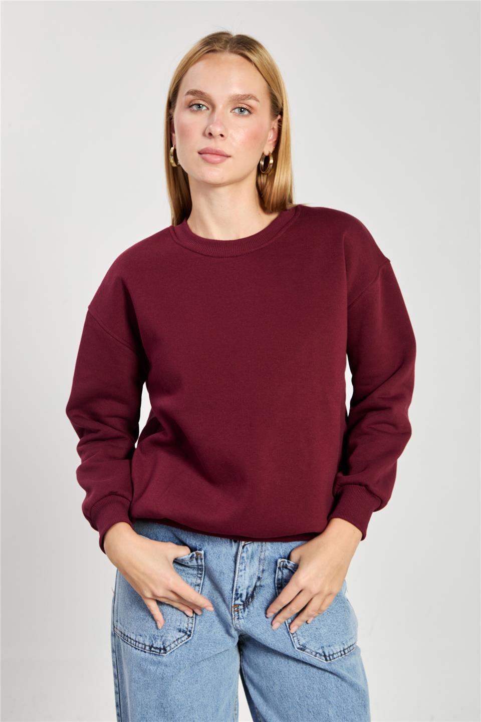 Kadın Bisiklet Yaka Oversize Sweatshirt - Mürdüm