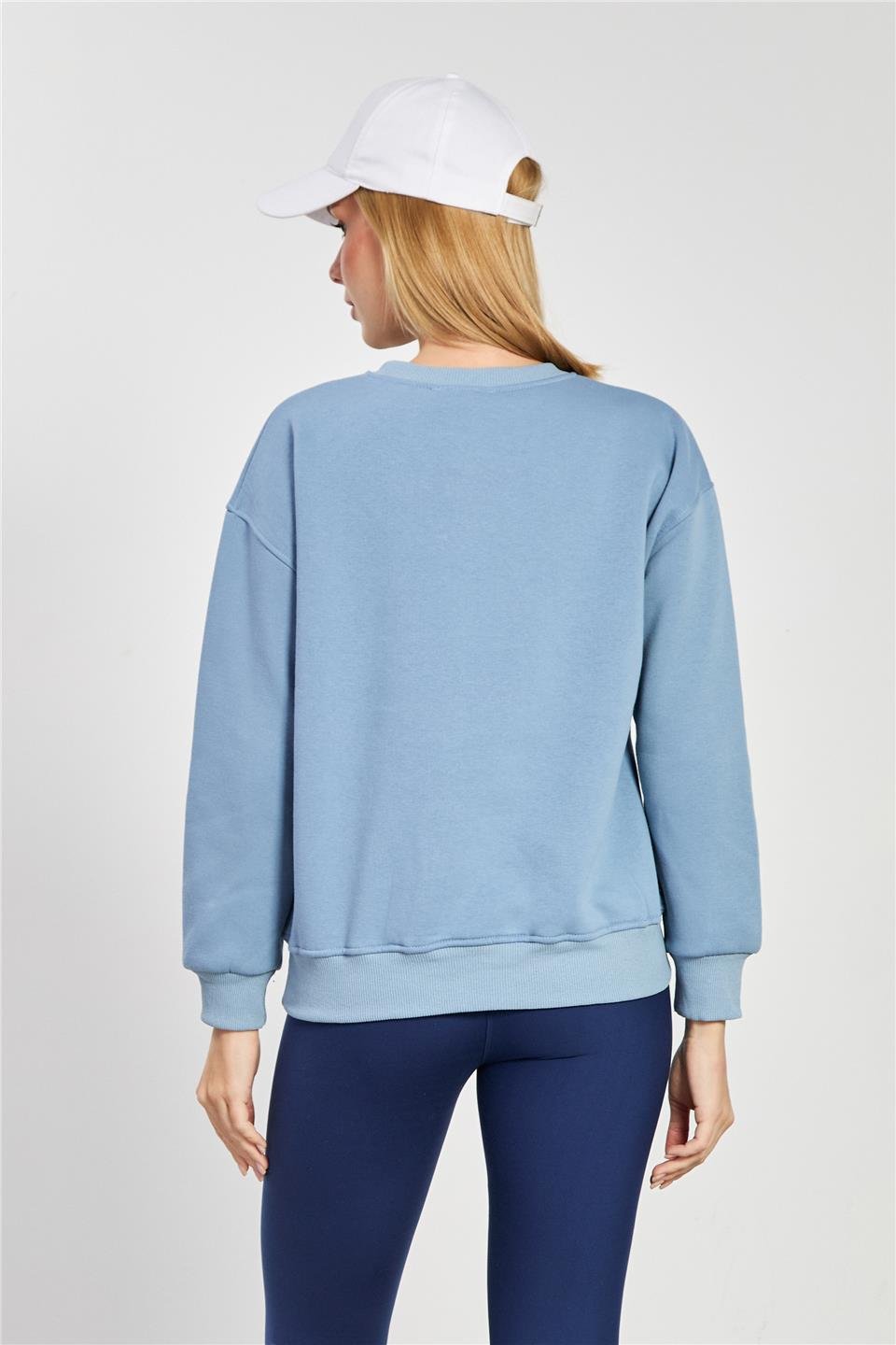 Kadın Bisiklet Yaka Oversize Sweatshirt - Mavi