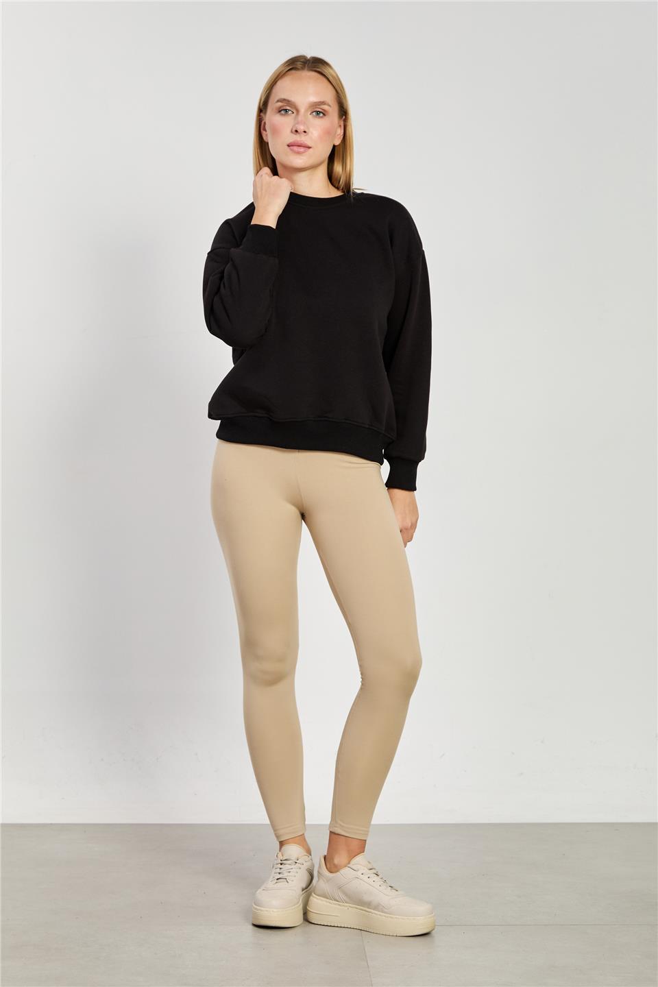 Kadın Bisiklet Yaka Oversize Sweatshirt - Siyah