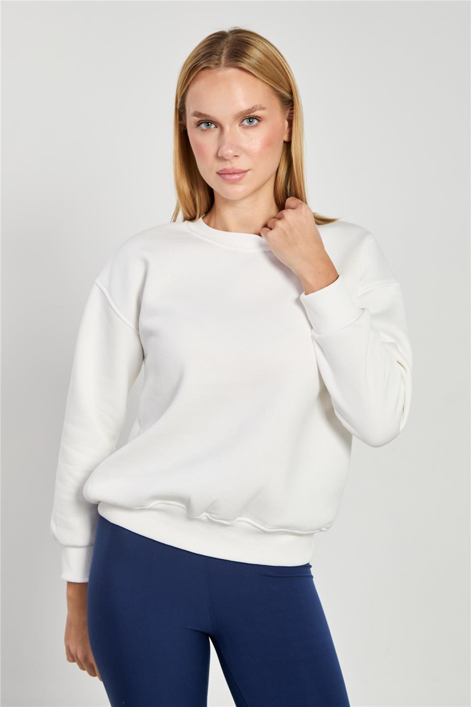 Kadın Bisiklet Yaka Oversize Sweatshirt - Ekru