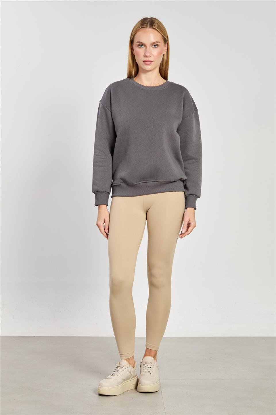 Kadın Bisiklet Yaka Oversize Sweatshirt - Antrasit