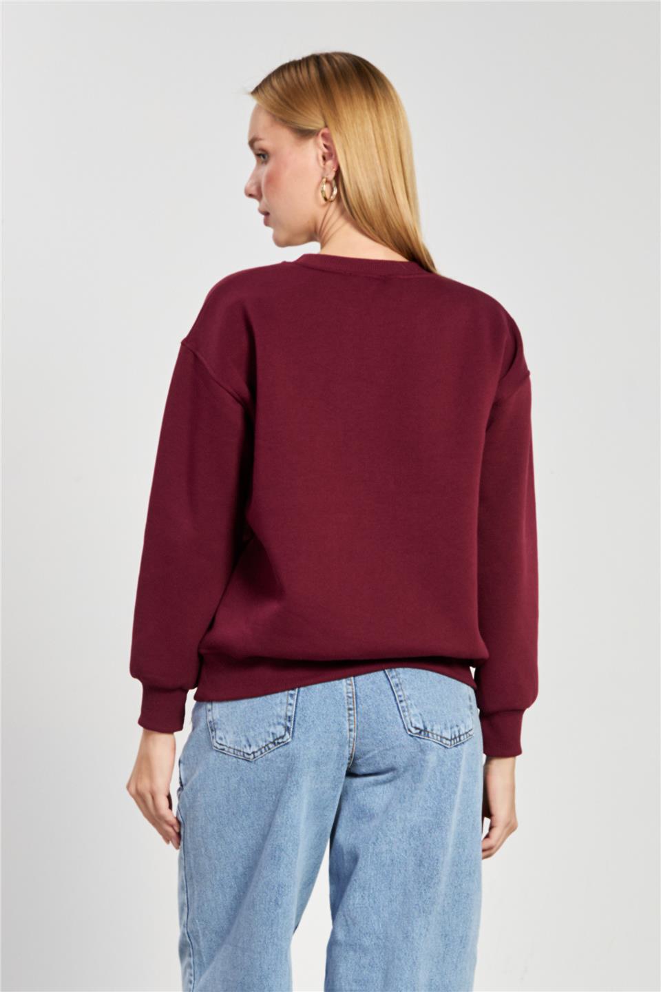 Kadın Bisiklet Yaka Oversize Sweatshirt - Mürdüm