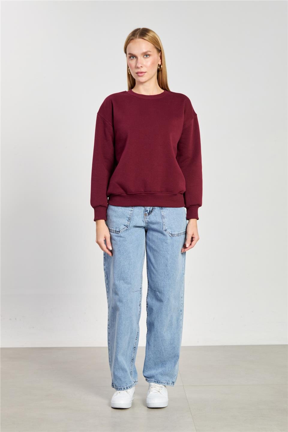 Kadın Bisiklet Yaka Oversize Sweatshirt - Mürdüm