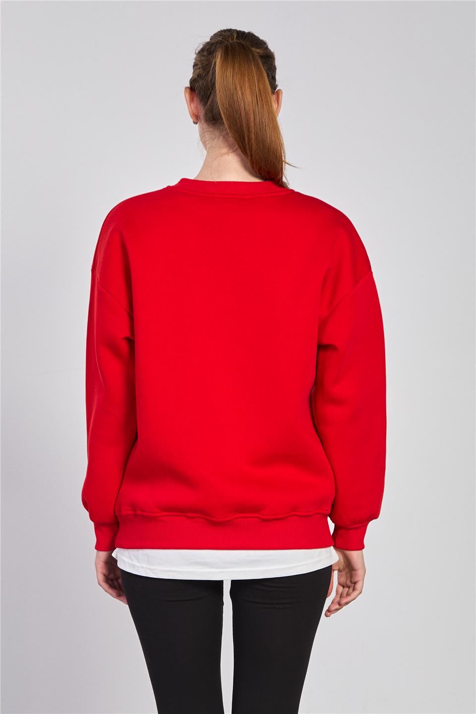 Kadın Bisiklet Yaka Ribanalı Sweatshirt - Kırmızı