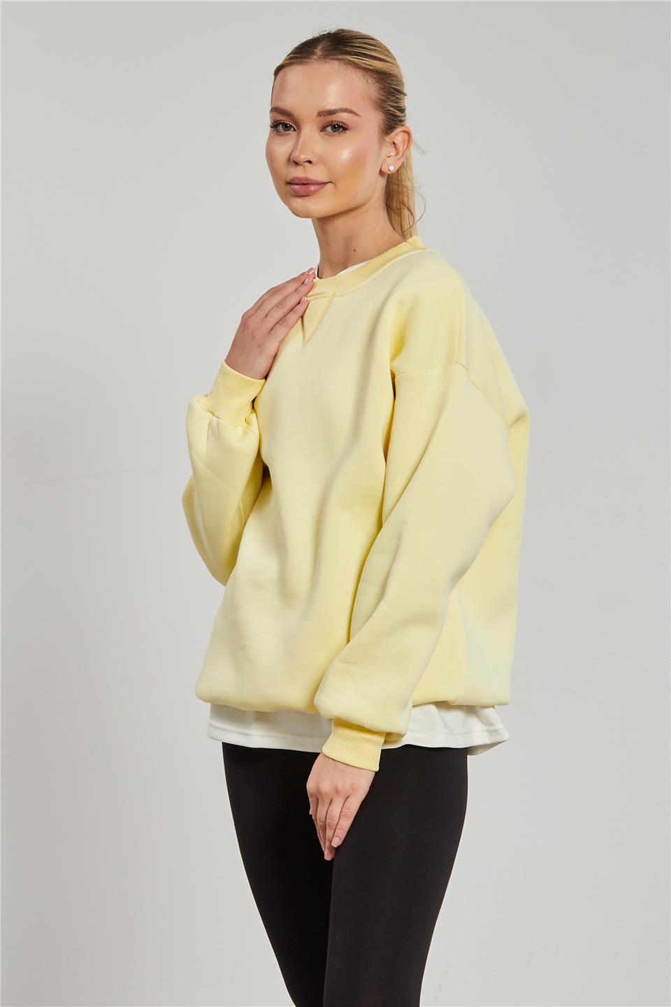 Kadın Bisiklet Yaka Ribanalı Sweatshirt - Sarı