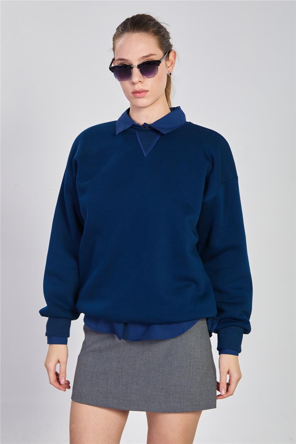 Kadın Bisiklet Yaka Ribanalı Sweatshirt - Lacivert