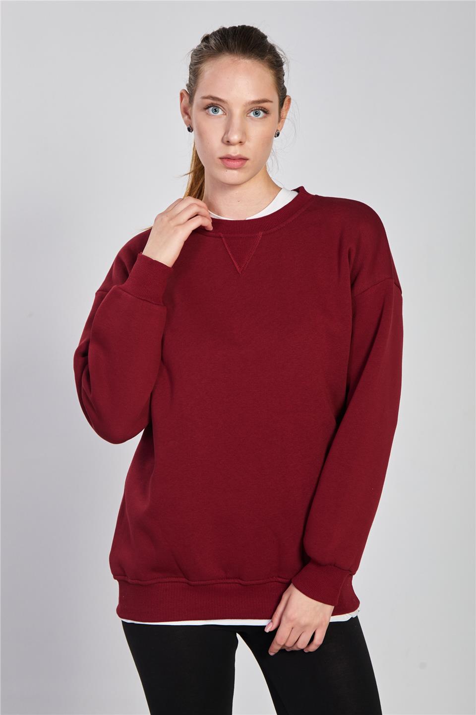 Kadın Bisiklet Yaka Ribanalı Sweatshirt - Vişne