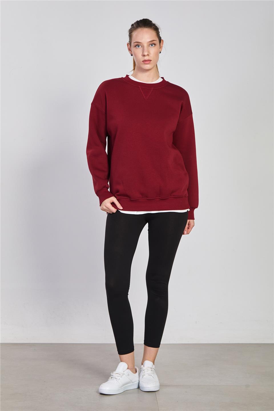 Kadın Bisiklet Yaka Ribanalı Sweatshirt - Vişne