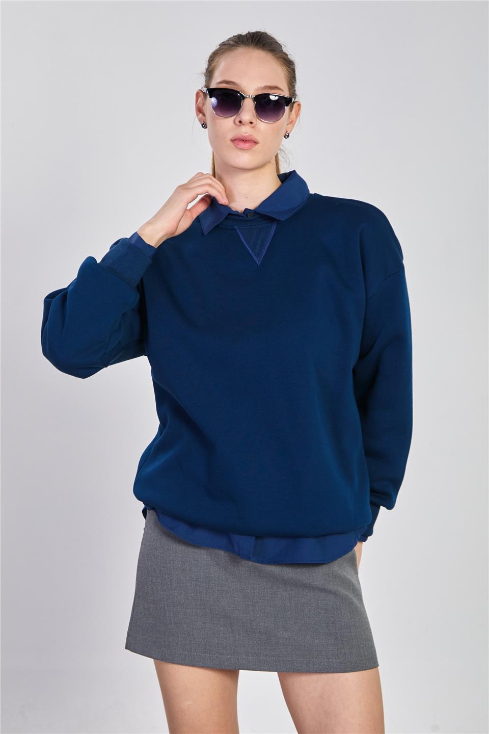 Kadın Bisiklet Yaka Ribanalı Sweatshirt - Lacivert