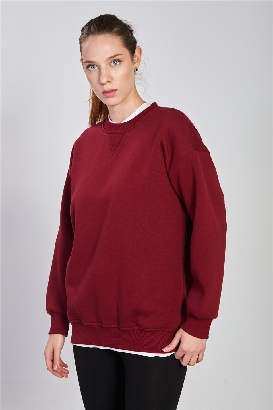 Kadın Bisiklet Yaka Ribanalı Sweatshirt - Vişne