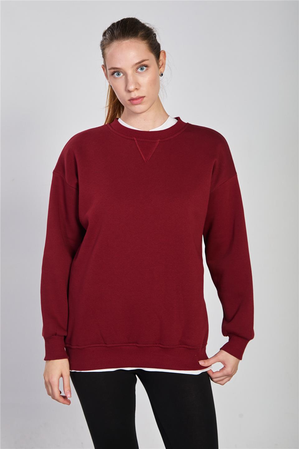 Kadın Bisiklet Yaka Ribanalı Sweatshirt - Vişne