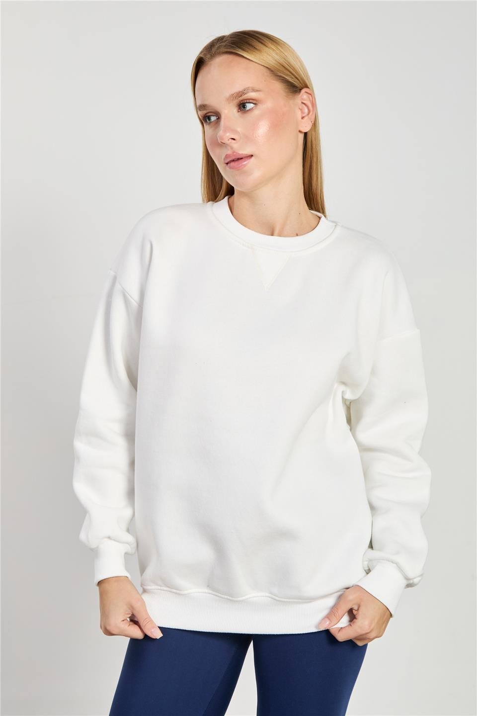 Kadın Bisiklet Yaka Ribanalı Sweatshirt - Ekru