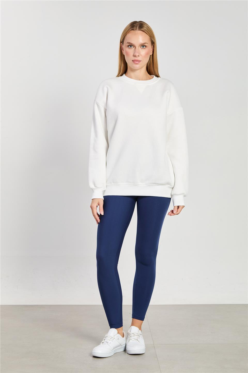 Kadın Bisiklet Yaka Ribanalı Sweatshirt - Ekru