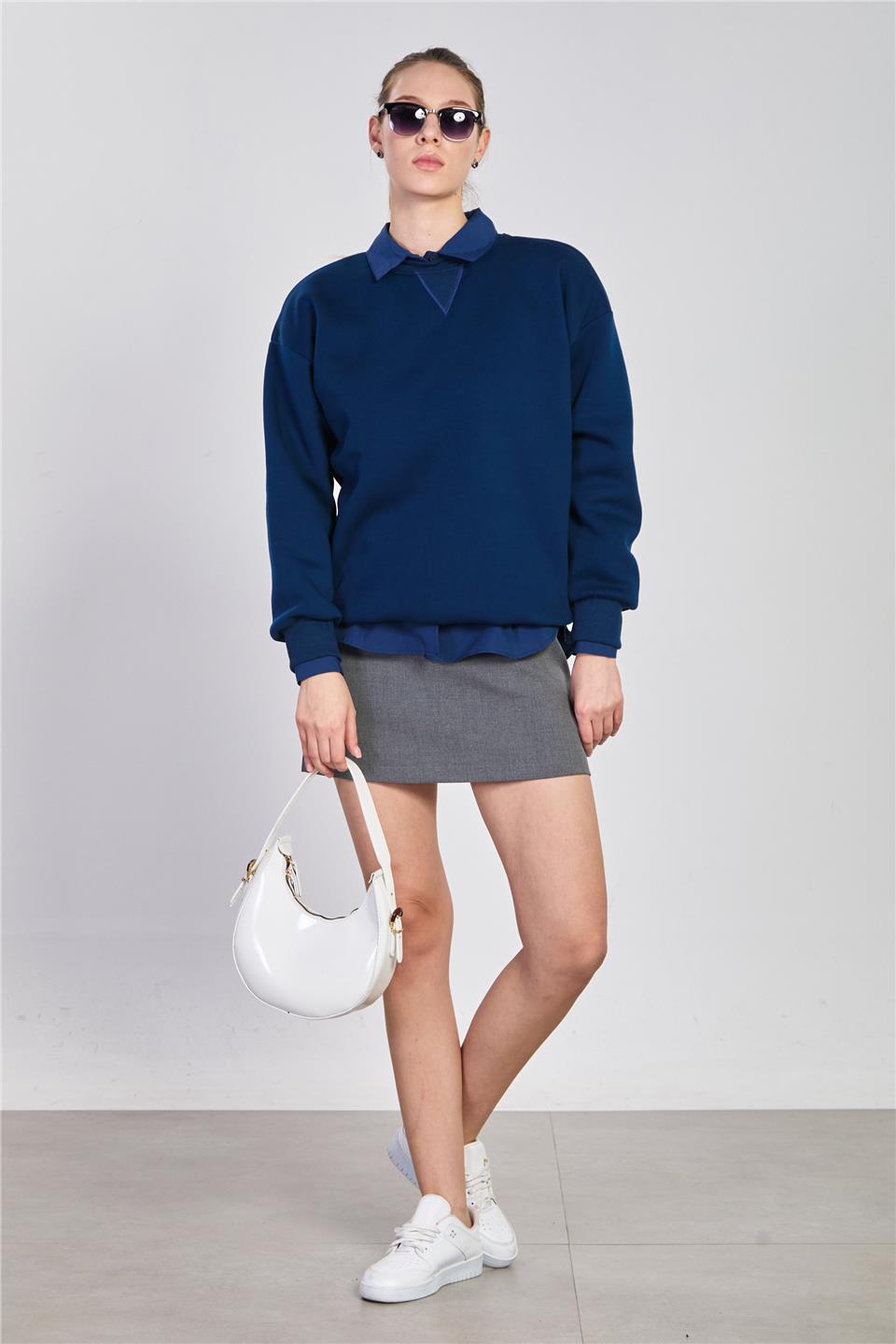 Kadın Bisiklet Yaka Ribanalı Sweatshirt - Lacivert