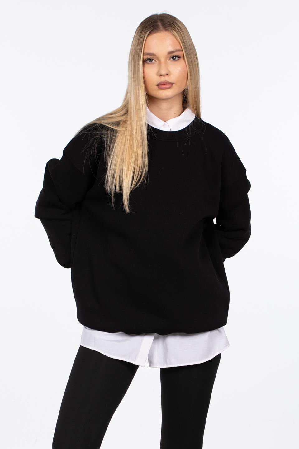 Kadın Bisiklet Yaka Ribanalı Sweatshirt - Siyah