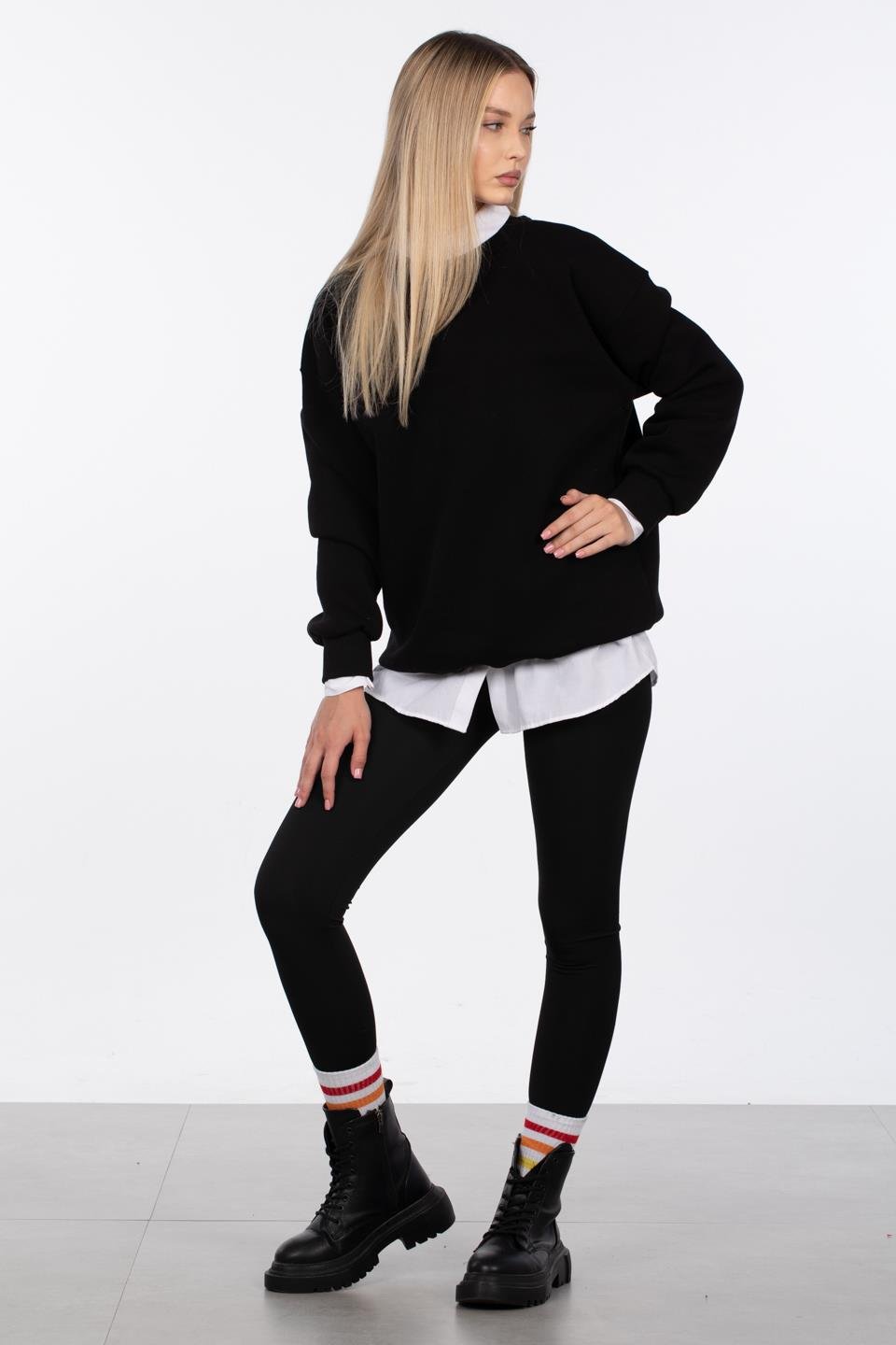 Kadın Bisiklet Yaka Ribanalı Sweatshirt - Siyah