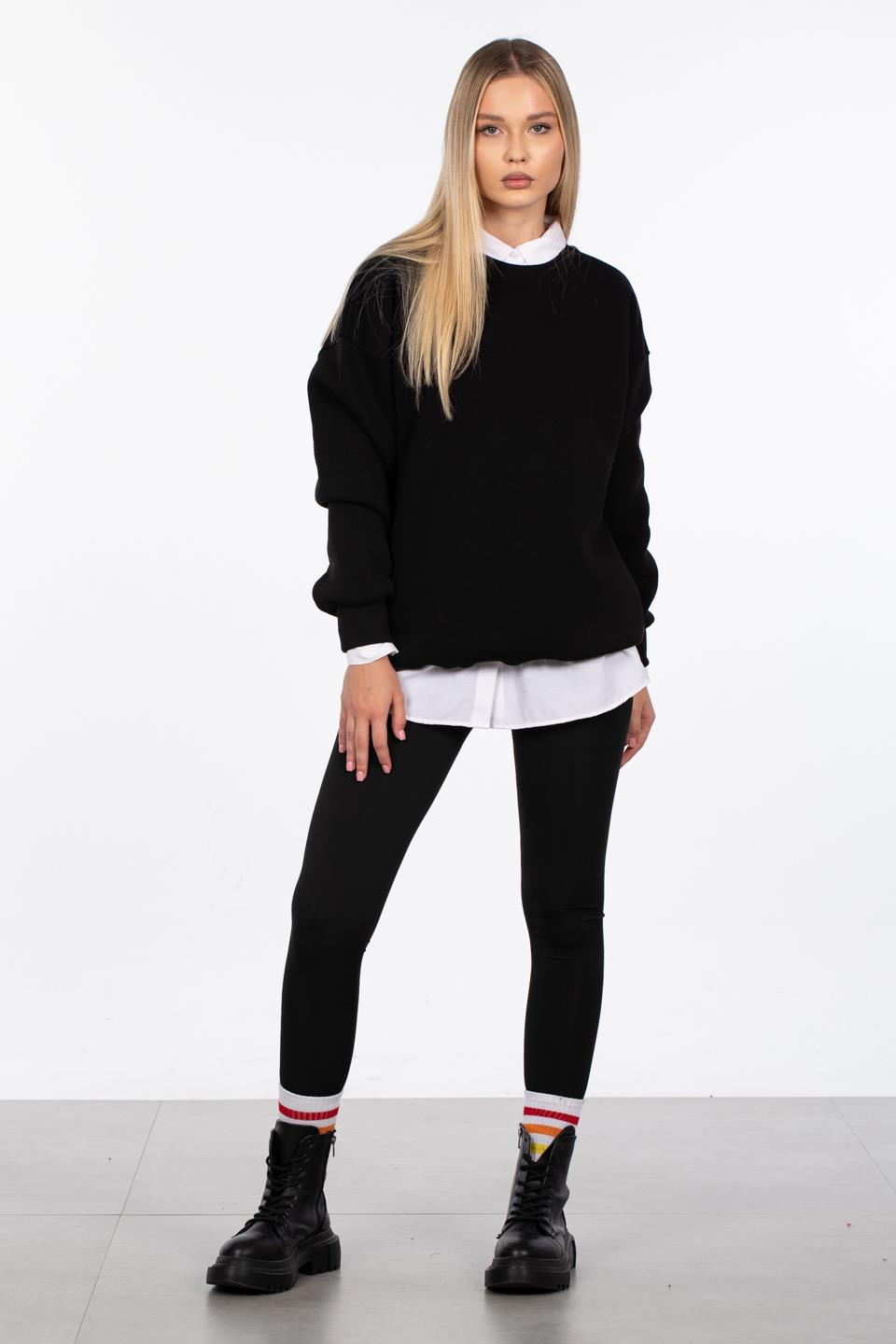 Kadın Bisiklet Yaka Ribanalı Sweatshirt - Siyah