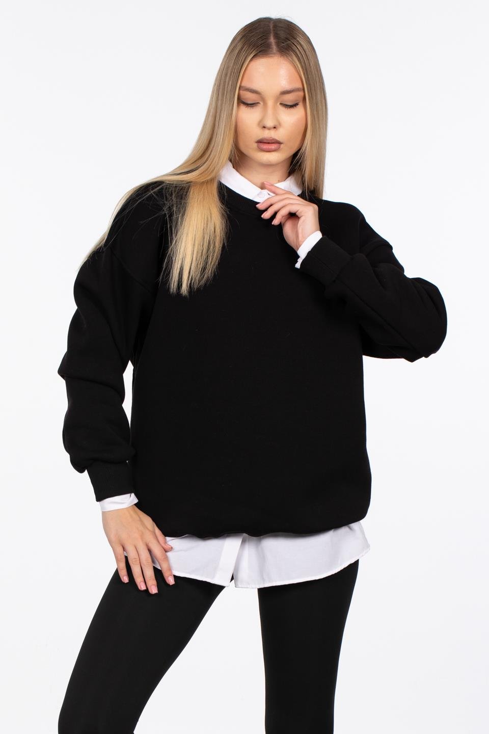 Kadın Bisiklet Yaka Ribanalı Sweatshirt - Siyah