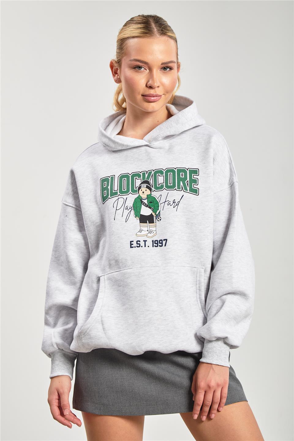 Kadın Blockcore Baskılı Ayıcıklı Sweatshirt - Kar Melanj