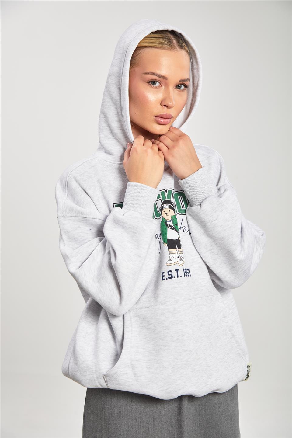 Kadın Blockcore Baskılı Ayıcıklı Sweatshirt - Kar Melanj