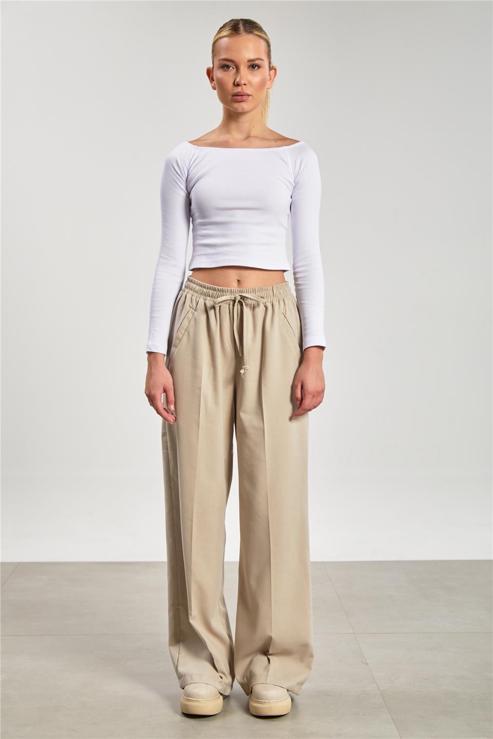 Kadın Bol Paça Palazzo Pantolon - Taş