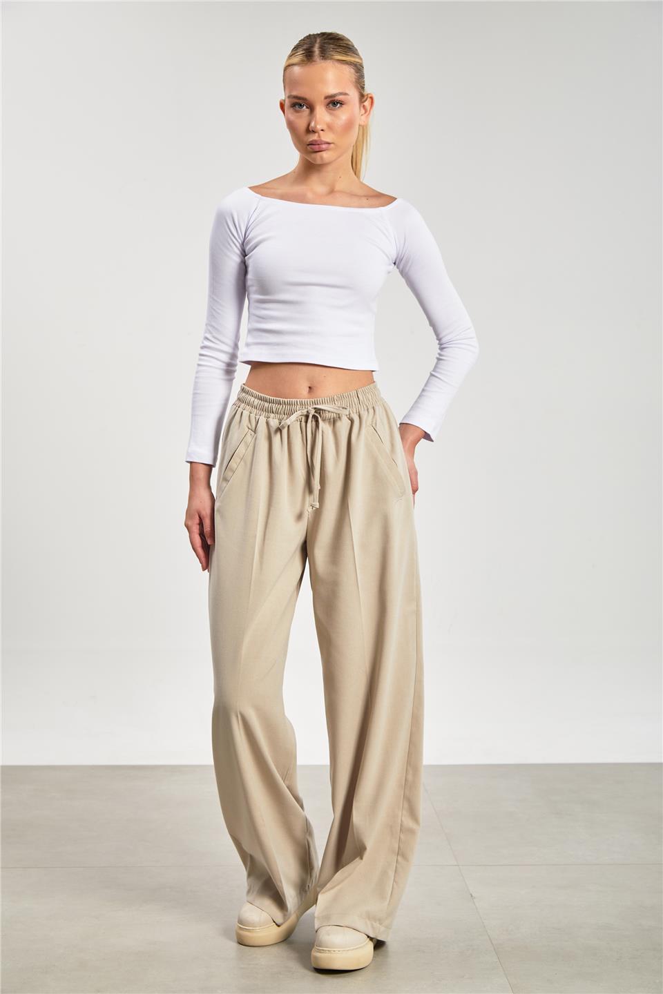 Kadın Bol Paça Palazzo Pantolon - Taş