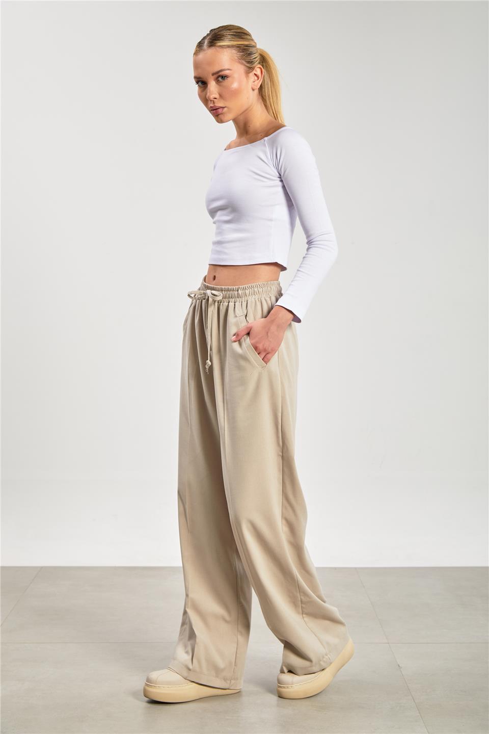 Kadın Bol Paça Palazzo Pantolon - Taş