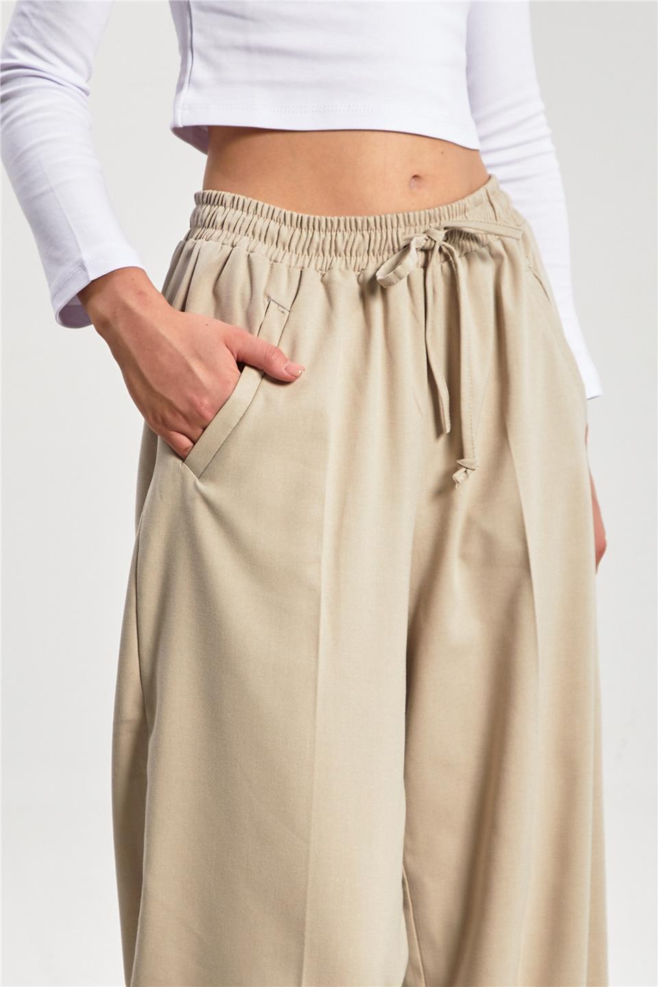 Kadın Bol Paça Palazzo Pantolon - Taş