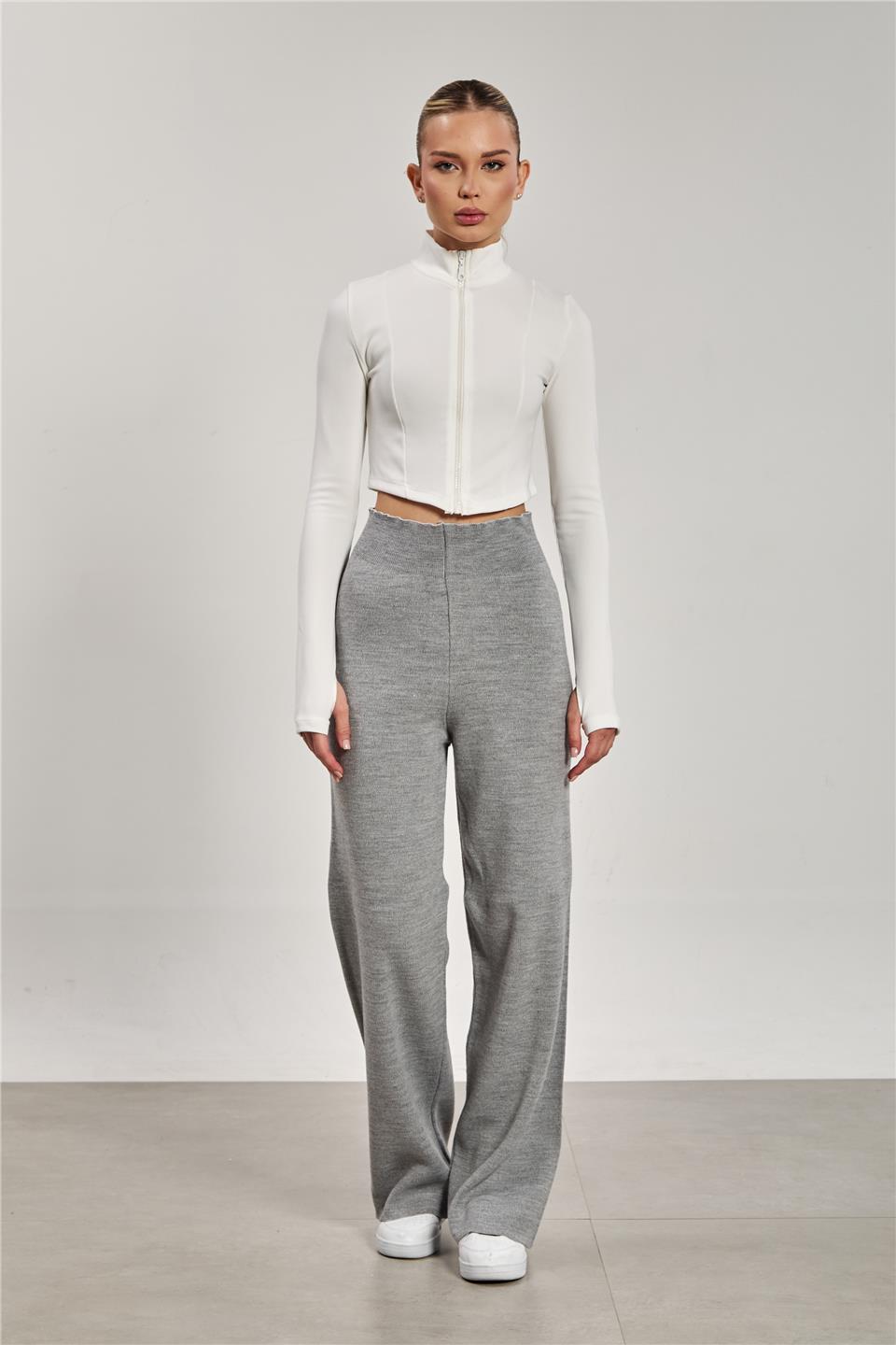 Kadın Bol Paça Triko Pantolon - Gri