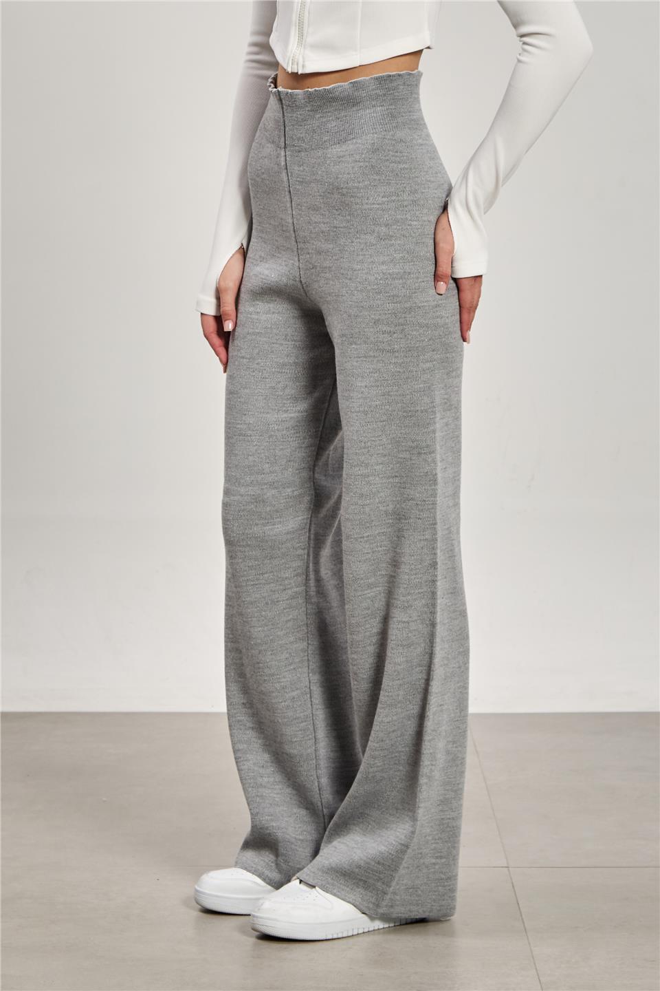 Kadın Bol Paça Triko Pantolon - Gri